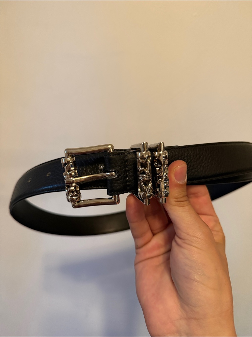 Black Leather Men’s Belt with Silver Chain-Style Buckle chrome hearts style